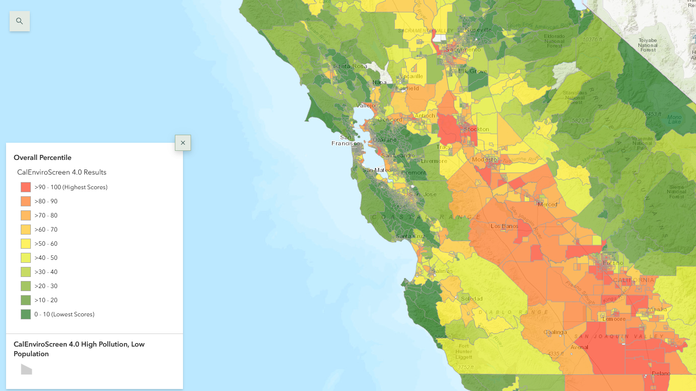 CalEnviroScreen mapping tool showing levels of health and pollution indicators in Central California