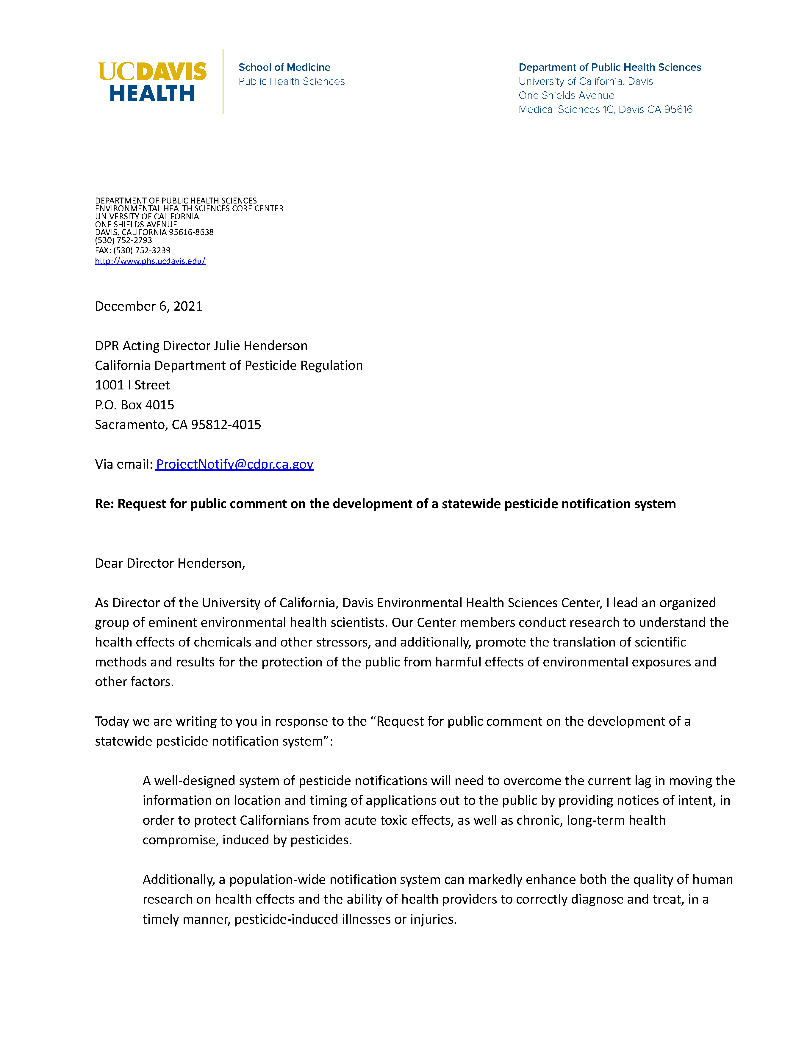 Department of Pesticide Regulation letter