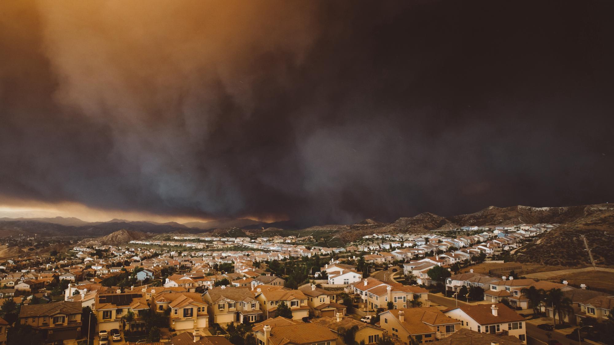 Wildfire smoke over California suburb