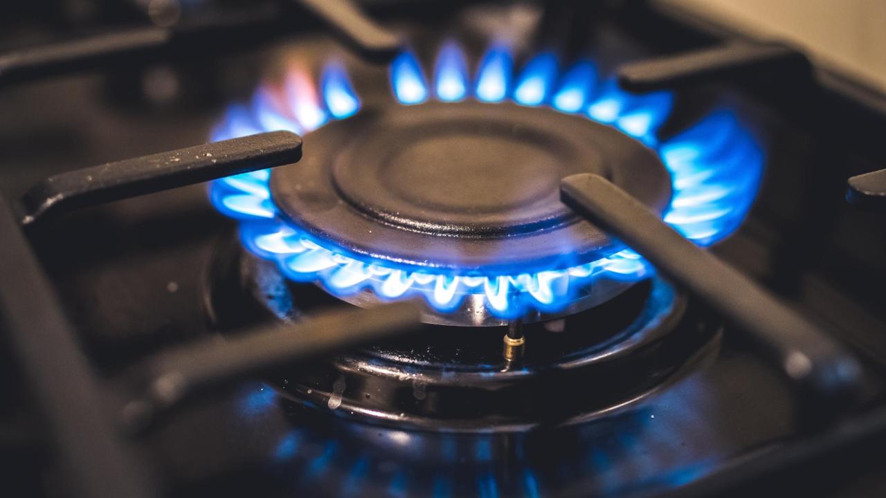 Flame of a gas burner glowing blue on a stove.