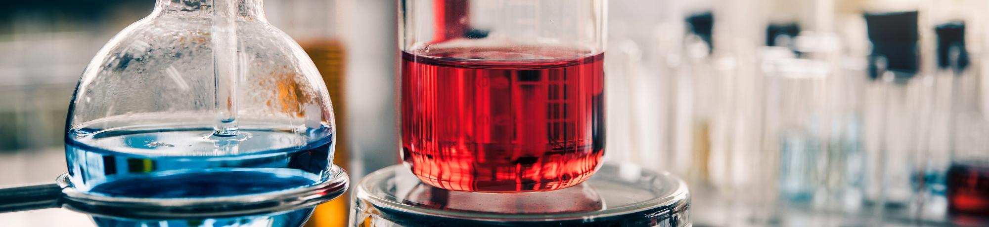 Colorful beakers in a lab 